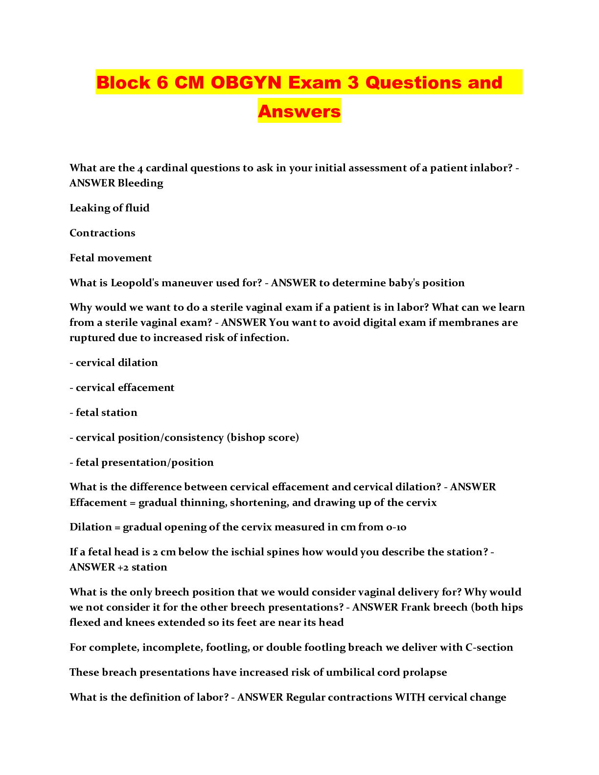 Preview image for Block 6 CM OBGYN Exam 3 Questions and Answers